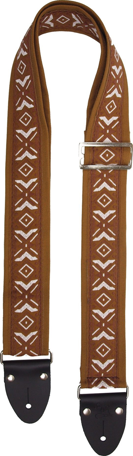 Grob gewobener Baumwollgurt mit Jacquard-Muster. Lederenden mit retro-Design Nieten, Metallschnalle. Breite: 5cm Länge: …... LM Gitarrengurt Festival Folk FF55 braun