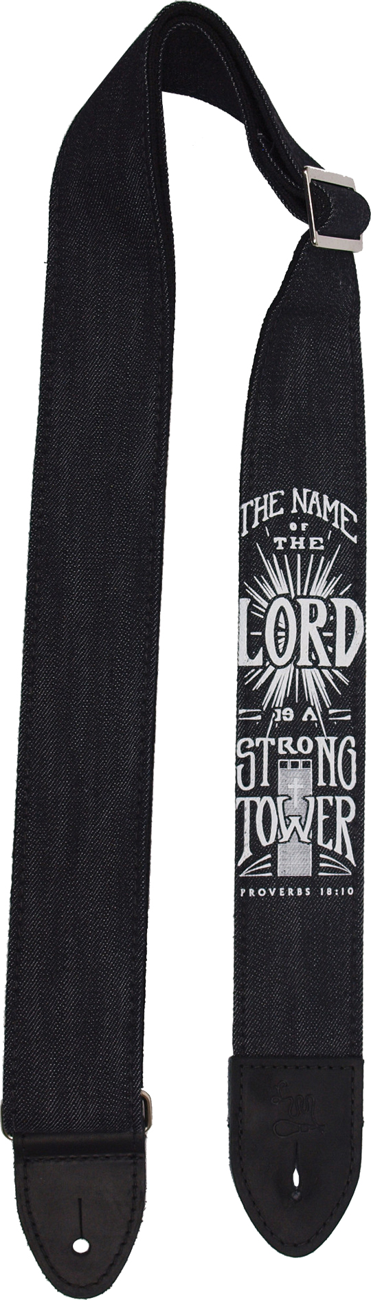 Gitarrengurt aus indigoblauem Denim mit stabilen, schwarzen Lederenden und Nickel-Hardware. Rückseite aus weicher …... LM Gitarrengurt Sacred Denim SD-1 schw.