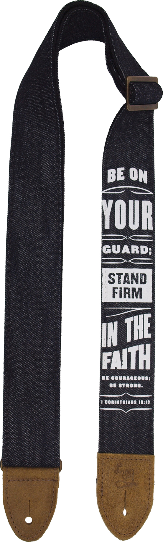 Gitarrengurt aus indigoblauem Denim mit stabilen, braunen Lederenden und Messing-Hardware im Antik-Look. Rückseite aus …... LM Gitarrengurt Sacred Denim SD-4 braun