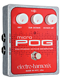 Generiert aus dem Originalsignal Töne, die eine Oktave höher und eine Oktave tiefer liegen. Spektakuläre 12-string- und sogar Orgelsounds sind generierbar. Electro Harmonix Micro POG